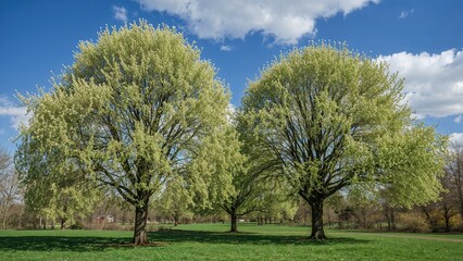 Fototapeta premium Three large trees with fresh green leaves under a partly cloudy sky in a park or open field.