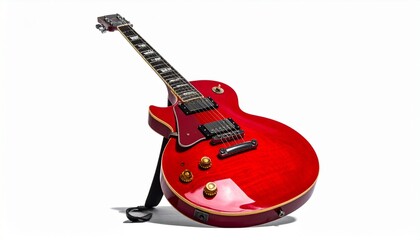 Glossy red electric guitar with chrome hardware and dual humbuckers, standing upright on white background. Classic single-cutaway design for rock and blues musicians.