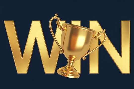 Golden Trophy and Large Metallic Letters Spelling Out the Word WIN on a Dark Blue Background Keywords: win, victory, trophy, gold, golden, award, success, championship, competition