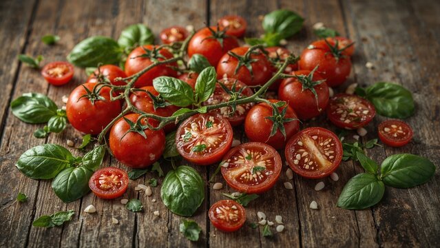 Fresh cherry tomatoes with green basil leaves on rustic wooden background. Healthy eating, gardening, and fresh produce concept. Botanicals and organic food themes.