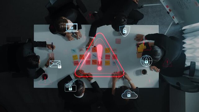 A group of professionals engaged in a collaborative strategy session, focusing on security and risk management in a modern office setting with digital icons and alerts. Raster