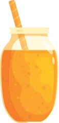 Glass jar filled with bubbling orange juice and paper straw, representing healthy and refreshing beverage