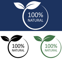 One hundred percent natural product label with leaves in various colors