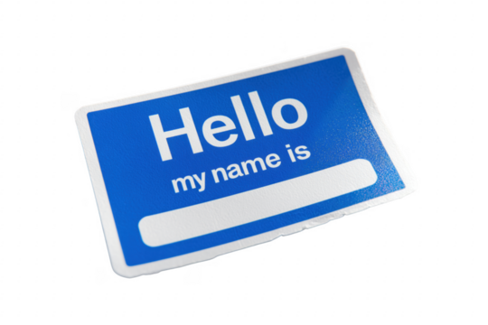 Blue hello name tag isolated on a transparent background