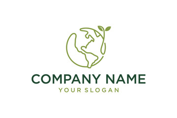 Sustainable Earth Globe with Green Plant Sprout Line Art Logo Design