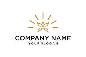 Abstract Golden Human Butterfly Logo with Radiating Light Symbolizing Wellness and Transformation