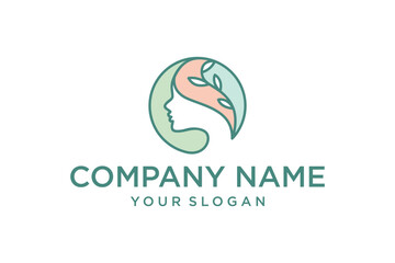 Minimalist Woman Profile Logo with Leaves, Elegant Natural Beauty and Wellness Emblem in Pastel Colors