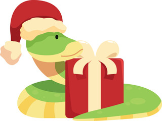 Cute green snake wearing santa hat presenting christmas gift, festive holiday season reptile character