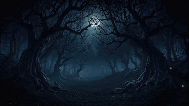 A dark forest at night with twisted trees and a full moon illuminating the scene. Spooky, eerie woods with mystical glowing lights.