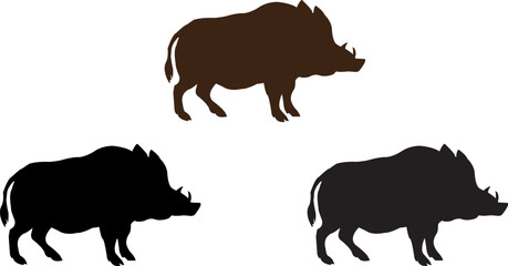 Naklejka premium Three distinctive silhouette representations of a warthog in various colors and styles