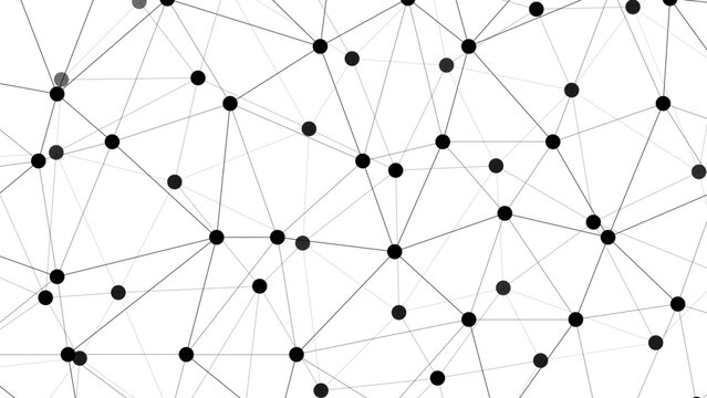 Abstract minimalist geometric network with thin gray lines and small black and gray circular nodes on a white background. Connected web or molecular structure, with scientific technological pattern.