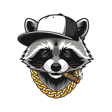 Cartoon raccoon head wearing a hat and gold chain, holding a cigar in its mouth.