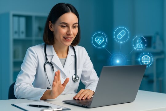 Female doctor in white coat using laptop for online consultation with futuristic medical icons, in modern office background, concept of telemedicine. Ai generative