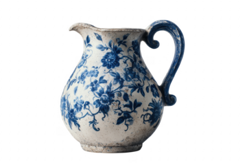 Blue floral ceramic pitcher isolated on a transparent background