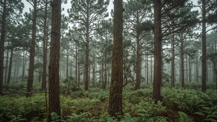 Fototapeta premium Dense forest with tall pine trees and lush green undergrowth.