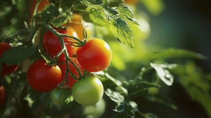 ripe tomatoes growing on vine in garden, lush green leaves, natural sunlight, fresh and ripe, realistic texture, inviting, vibrant red and green