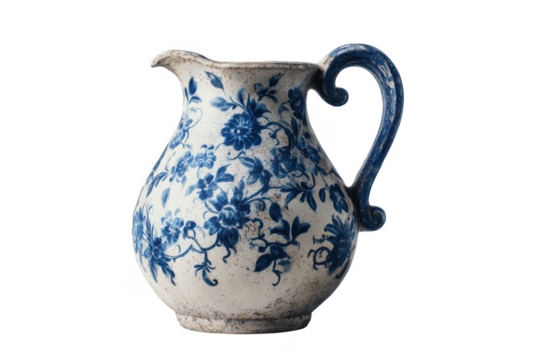 Blue floral ceramic pitcher isolated on a transparent background