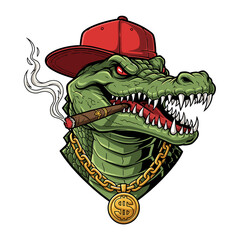 Cartoon alligator head wearing a red cap, gold chain with dollar sign pendant, and smoking a cigar.