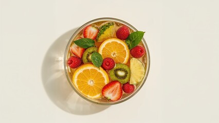 Fresh fruit salad with slices of orange, kiwi, strawberry, pineapple, and raspberries in a glass bowl.