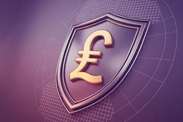 Gold Pound Sterling symbol on a metallic shield with a purple grid background currency money