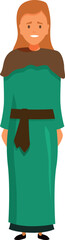 Cartoon illustration of a medieval woman wearing a long green dress with a brown cape and belt
