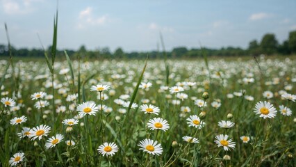 Fields of daisies with green grass under a cloudy sky, natural landscape, floral scenery, summer, countryside, nature photography.