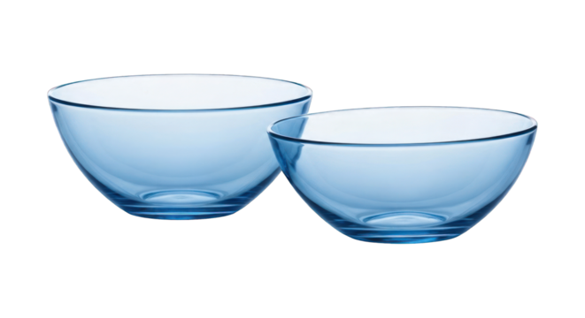 Two translucent blue glass bowls, smaller one slightly angled