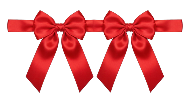Two shiny red silk bows connected by a ribbon band, over black background