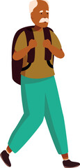 Elderly man enjoying his travel or hike, carrying backpack and wearing casual clothes