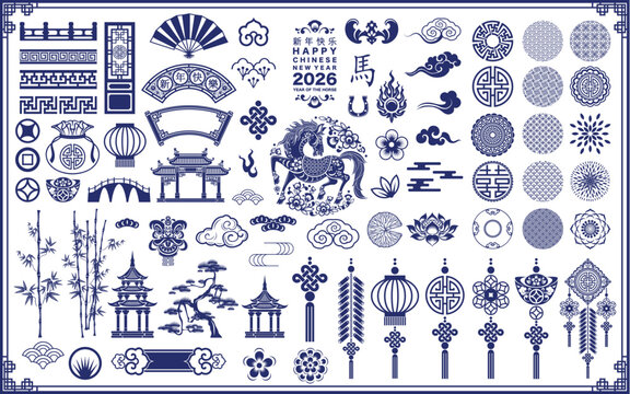 Happy chinese new year 2026 the horse zodiac sign with flower,lantern,asian elements red paper cut style on color background. ( Translation : happy new year 2026 year of the horse )