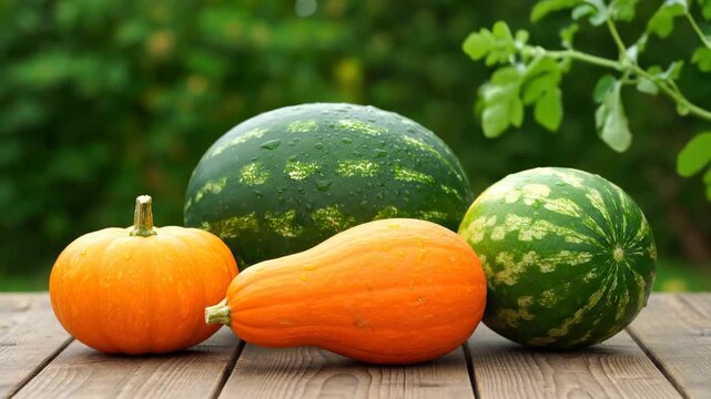 Fresh vegetables on wooden table. Colorful pumpkins and melons display. Harvest season celebration evokes healthy eating lifestyle and natural produce freshness.