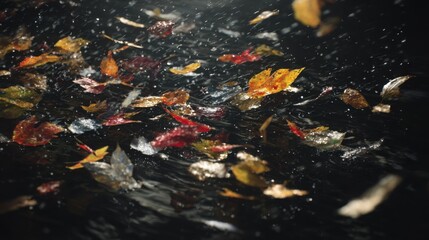 slow motion burst of falling autumn leaves combined with water droplets, colorful leaves against wet dark surface, cinematic realism