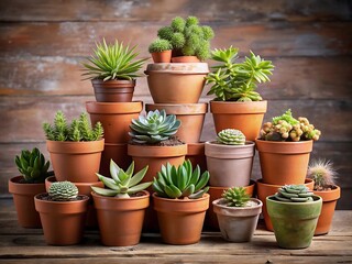 Fototapeta premium Collection of various succulent plants in terracotta pots arranged on a wooden surface indoors