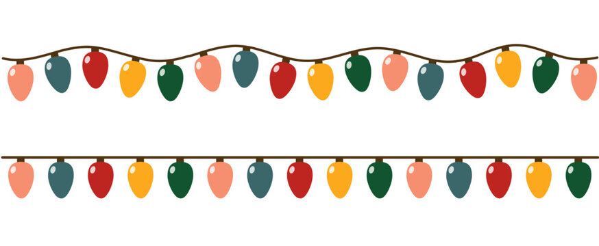 
A garland of glowing bulbs. Christmas lights mounted on a banner. Colorful garland. Icicle. Christmas decoration. Flat design.