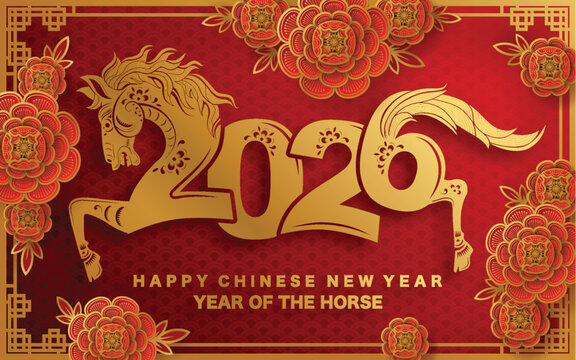 Happy chinese new year 2026 the horse zodiac sign with flower,lantern,asian elements red paper cut style on color background. ( Translation : happy new year 2026 year of the horse )
