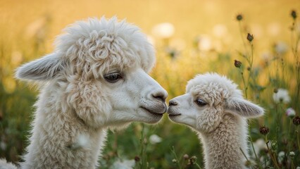 Fototapeta premium Two alpacas, an adult and a baby, face each other in a field with yellow flowers and plants in the background.
