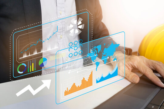 Management Concept , Construction project businessmen use computers and technology to work, send and receive news, receive information and manage projects.