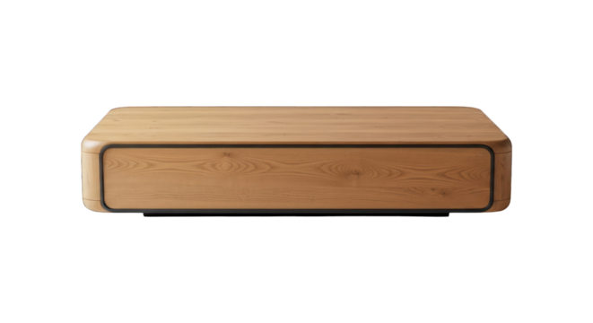 Wooden block-shaped coffee table with rounded corners and a dark trim, against black