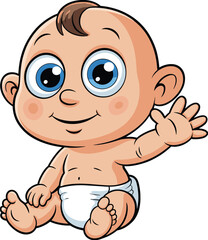 Adorable cartoon illustration of a chubby, smiling baby with bright blue eyes, sitting and waving hello, wearing a diaper, perfect for sweet and innocent childhood themes, isolated on white.