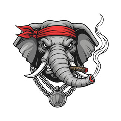 Cartoon elephant head with a red bandana, gold chain, and smoking a cigar.