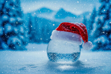 Close-up of an ice globe with a red Santa hat against a backdrop of blue snow-covered fir trees and snowfall.