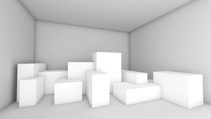 White interior structure of various structural boxes and empty space. 3D rendering.