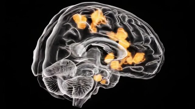 Side-view brain scan showing orange-highlighted regions indicating neural activity.