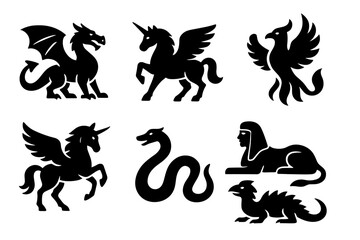 Naklejka premium Collection Of Mythical Creatures Silhouettes Including Dragon Unicorn Phoenix Griffin Sphinx and Serpent On White Background Vector Illustration