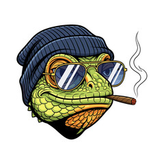 A cool lizard wearing a beanie and sunglasses, smoking a cigar.