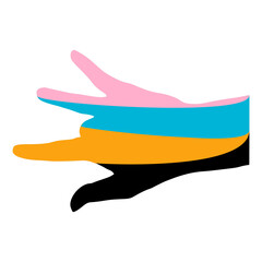 Abstract illustration featuring four overlapping hand silhouettes in pink, blue, orange, and black against a white background