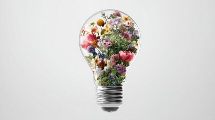 transparent lightbulb filled with blooming flowers, concept of organic creativity and green energy, plain white background, minimalist composition