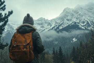 Adventurous journey: backpacker exploring snowy mountain landscape