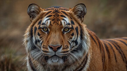 Close-up of a tiger's face, showcasing its distinctive striped fur and piercing eyes. Wildlife photography, big cat, nature scene.