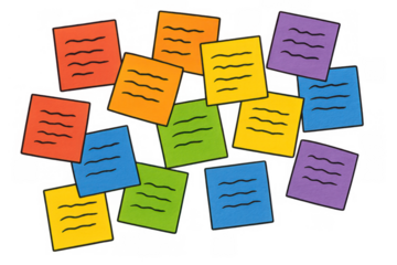 Sticky notes organizing ideas, reminders, and tasks, colorful paper memos on transparent background